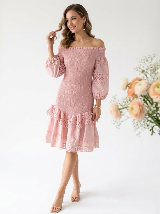Zimmermann Dresses & Skirts - Zimmermann Blush Pink Off-Shoulder Lace-Trim Midi Dress